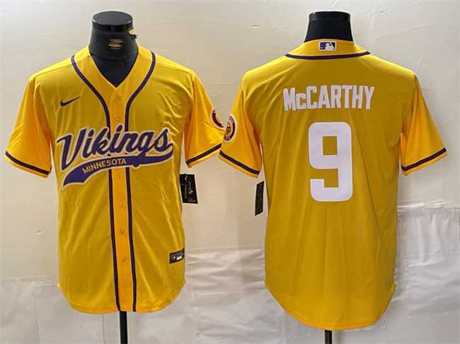 Mens Minnesota Vikings #9 J.J. McCarthy Yellow Cool Base Stitched Baseball Jersey